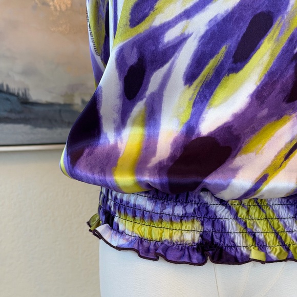 Vintage Y2K A. Byer Halter Top Smocked Neck & Waist Purple Lime Abstract Print - Picture 10 of 16